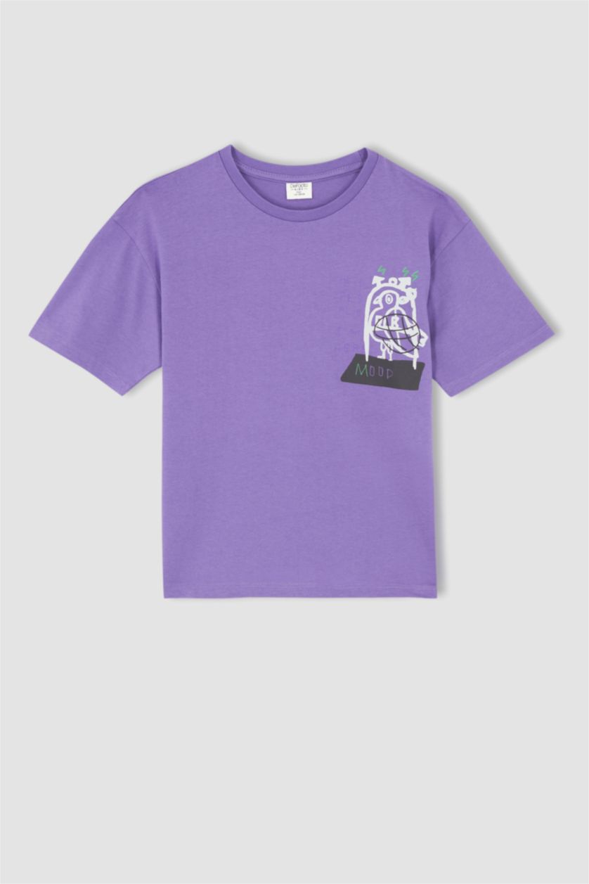 Erkek Çocuk - Genç Erkek Mor Erkek Çocuk Oversize Fit Sırt Baskılı Kısa Kollu Pamuklu Penye Tişört