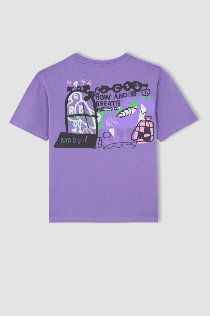 Erkek Çocuk - Genç Erkek Mor Erkek Çocuk Oversize Fit Sırt Baskılı Kısa Kollu Pamuklu Penye Tişört