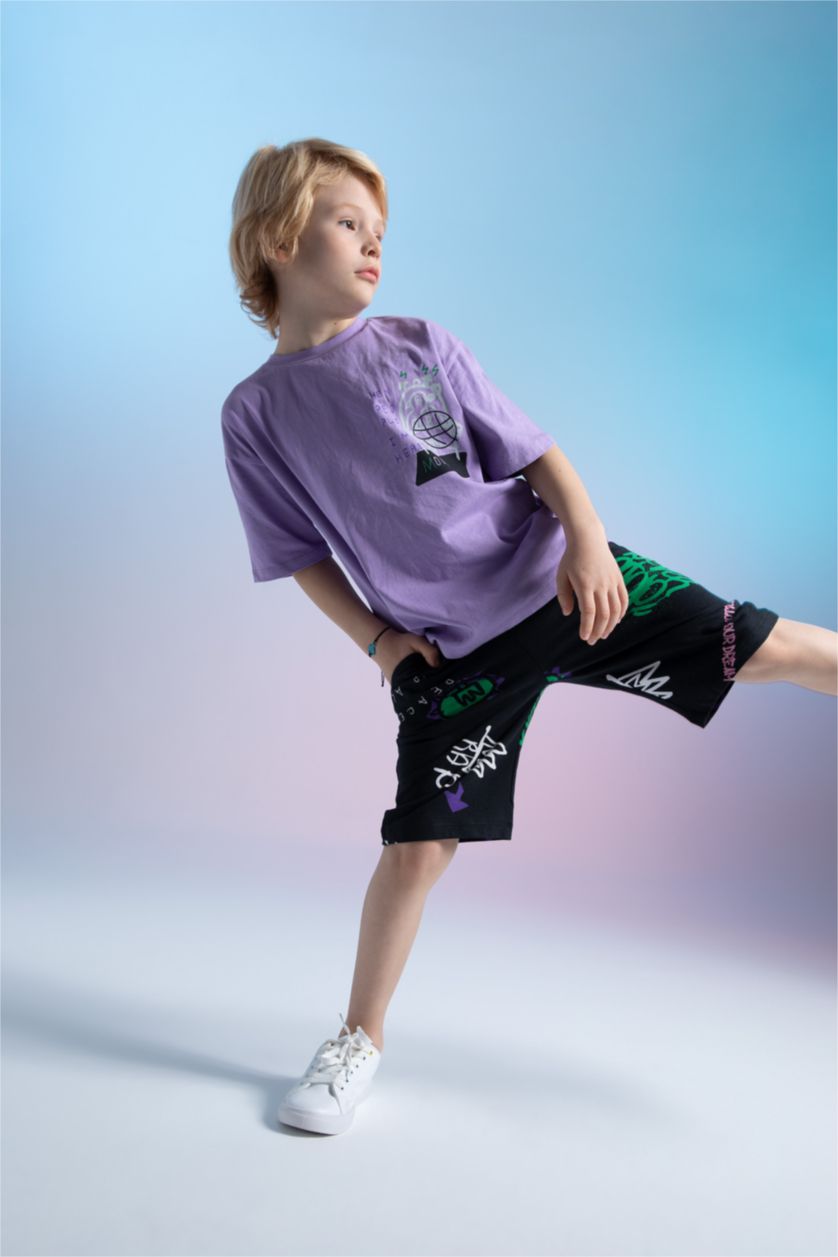 Erkek Çocuk - Genç Erkek Siyah Erkek Çocuk Desenli Esnek Belli Bermuda Şort