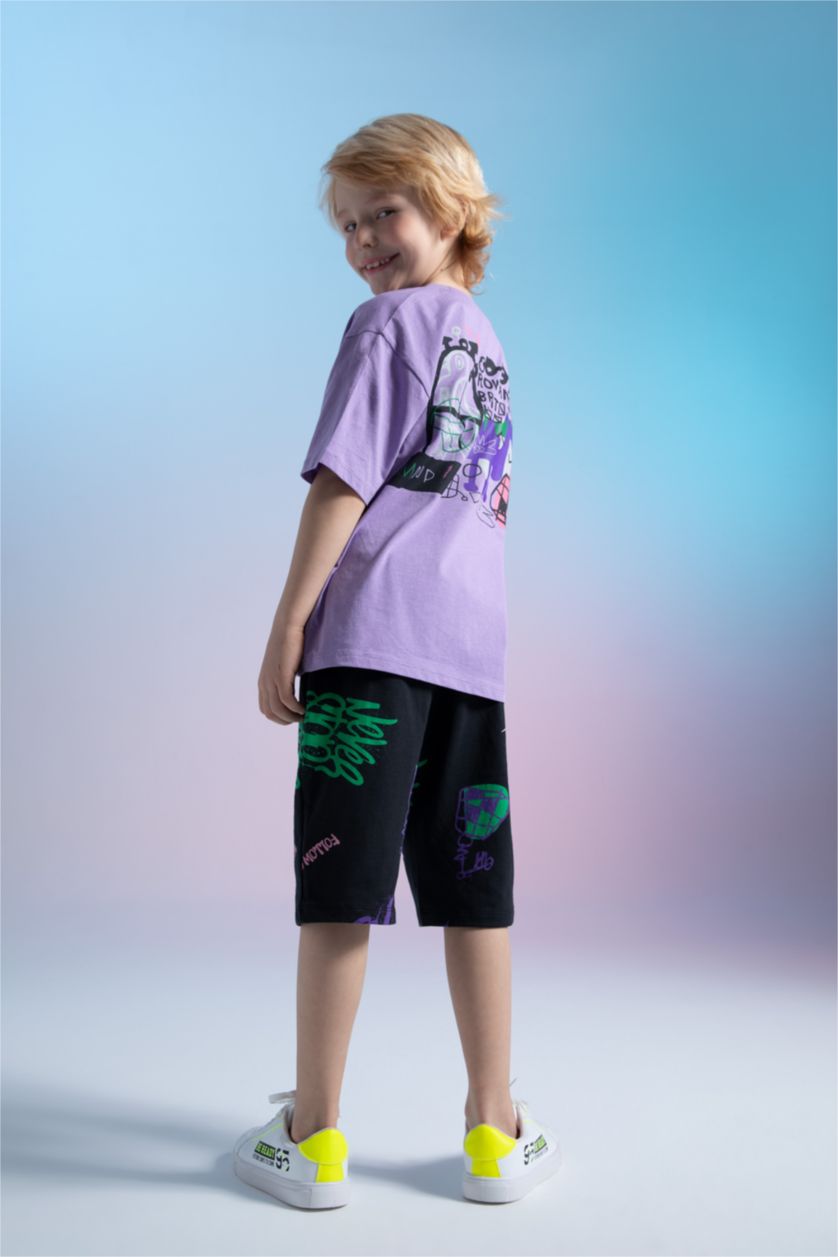 Erkek Çocuk - Genç Erkek Siyah Erkek Çocuk Desenli Esnek Belli Bermuda Şort