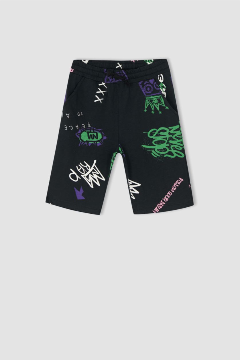 Erkek Çocuk - Genç Erkek Siyah Erkek Çocuk Desenli Esnek Belli Bermuda Şort