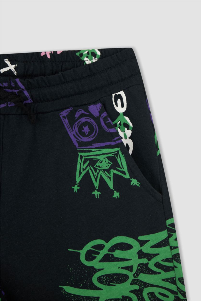 Erkek Çocuk - Genç Erkek Siyah Erkek Çocuk Desenli Esnek Belli Bermuda Şort