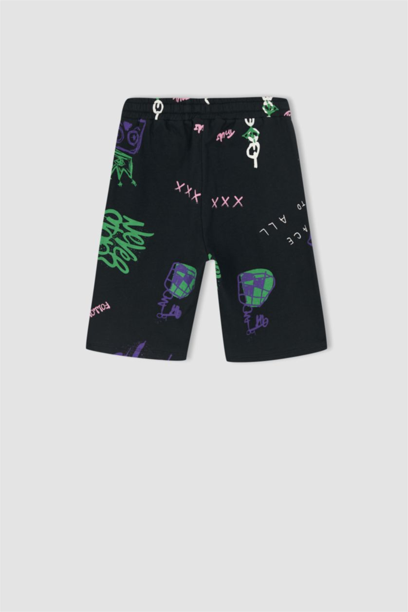 Erkek Çocuk - Genç Erkek Siyah Erkek Çocuk Desenli Esnek Belli Bermuda Şort