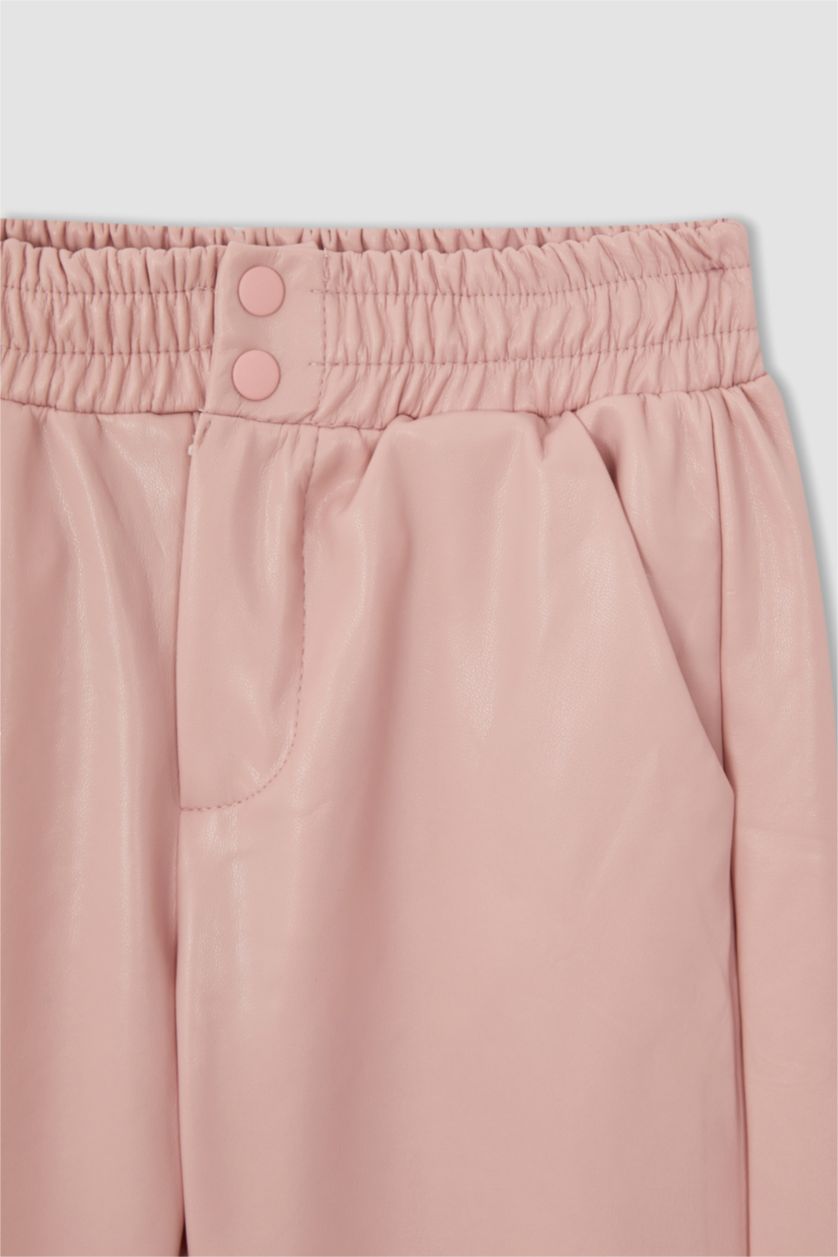 Kız Çocuk - Genç Kız Pembe Kız Çocuk Esnek Belli Suni Deri Jogger Pantolon