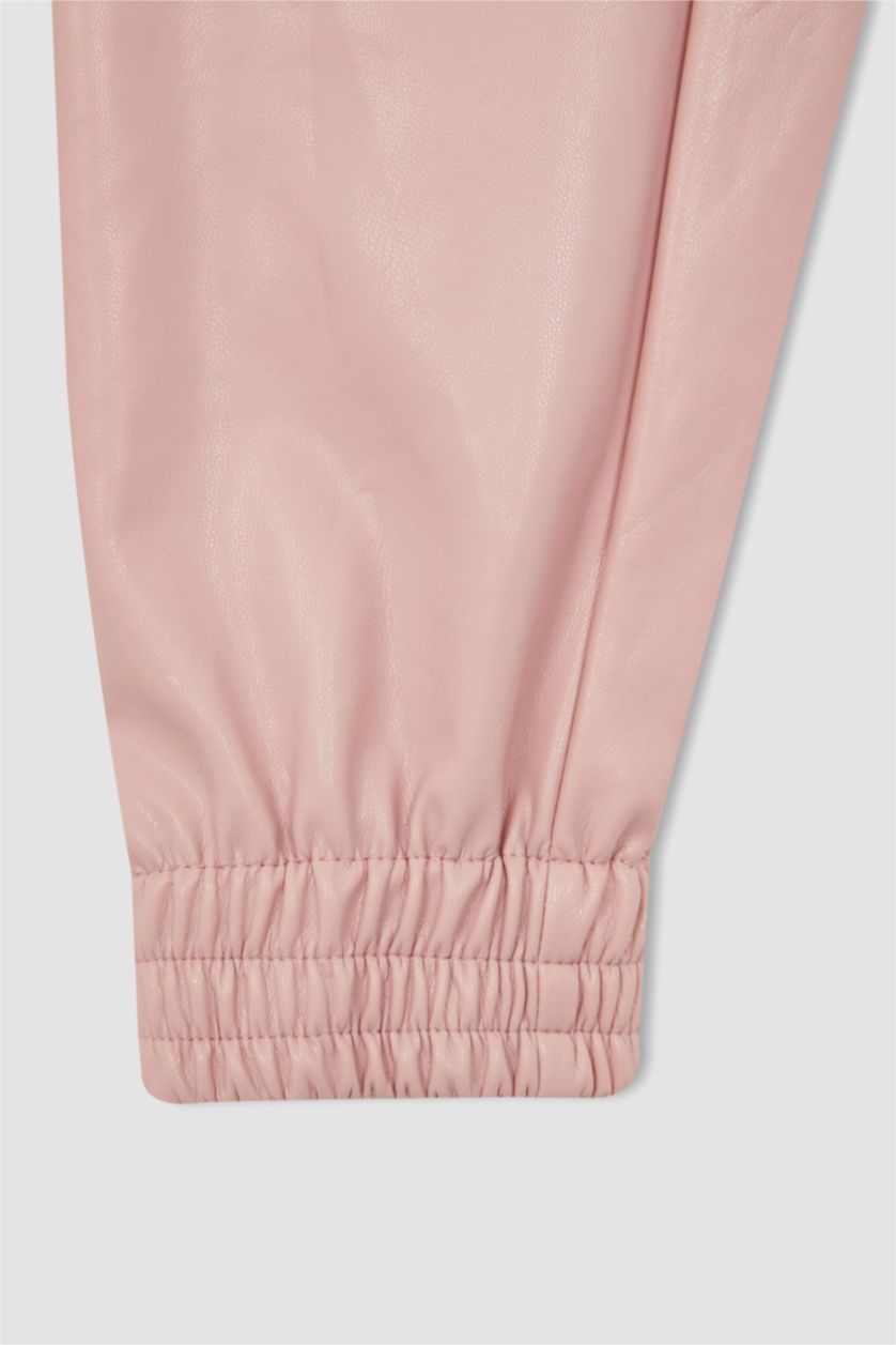 Kız Çocuk - Genç Kız Pembe Kız Çocuk Esnek Belli Suni Deri Jogger Pantolon