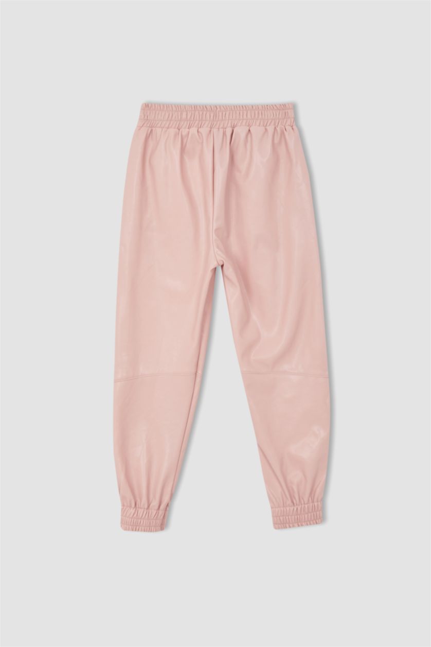 Kız Çocuk - Genç Kız Pembe Kız Çocuk Esnek Belli Suni Deri Jogger Pantolon