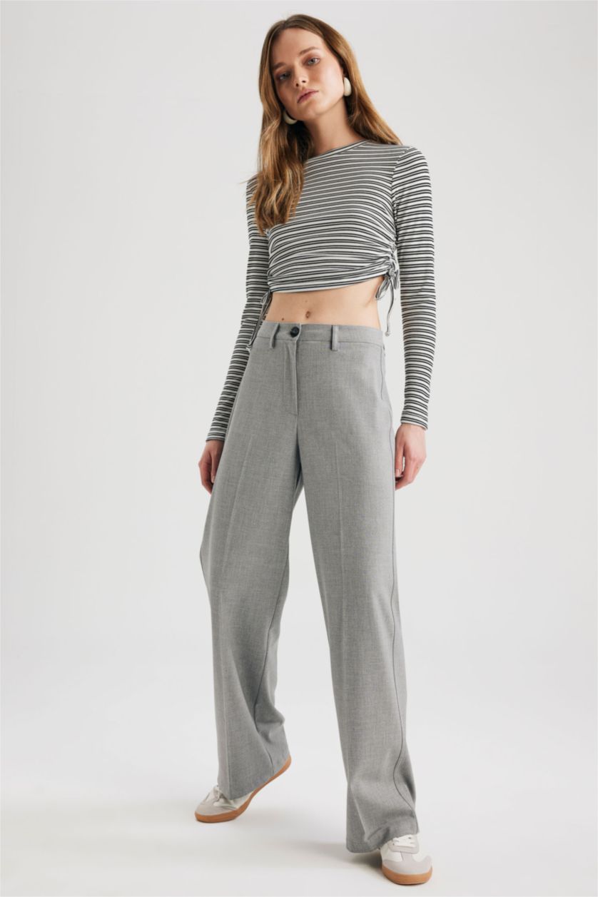 WOMAN Light Grey Melange Wide Leg Normal Waist Trousers