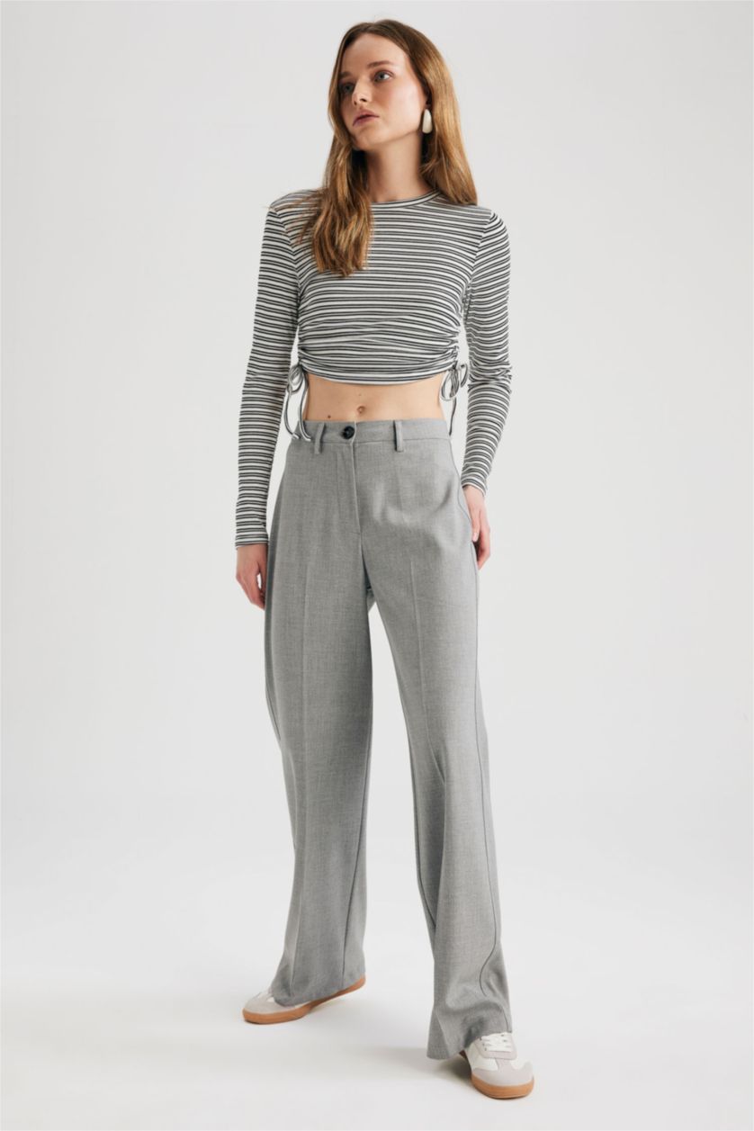WOMAN Light Grey Melange Wide Leg Normal Waist Trousers