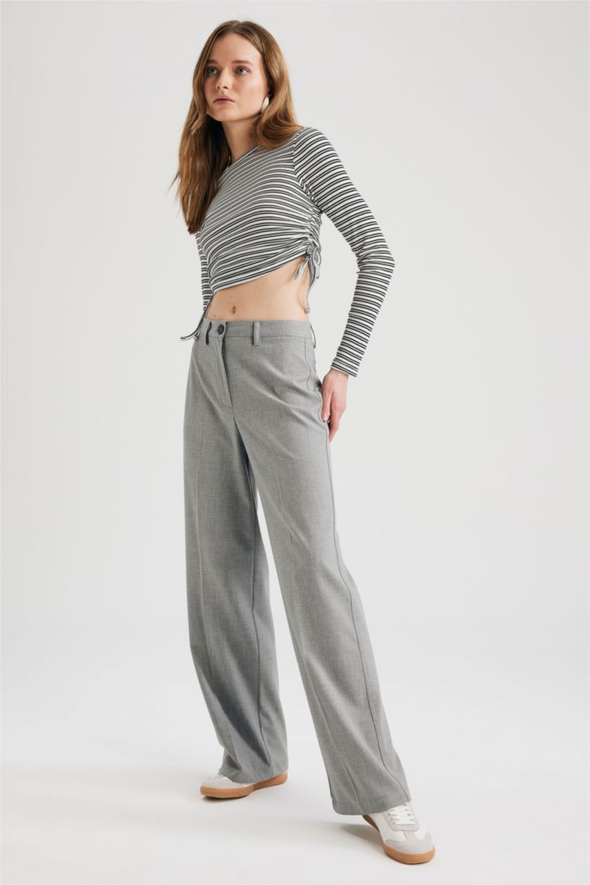 WOMAN Light Grey Melange Wide Leg Normal Waist Trousers