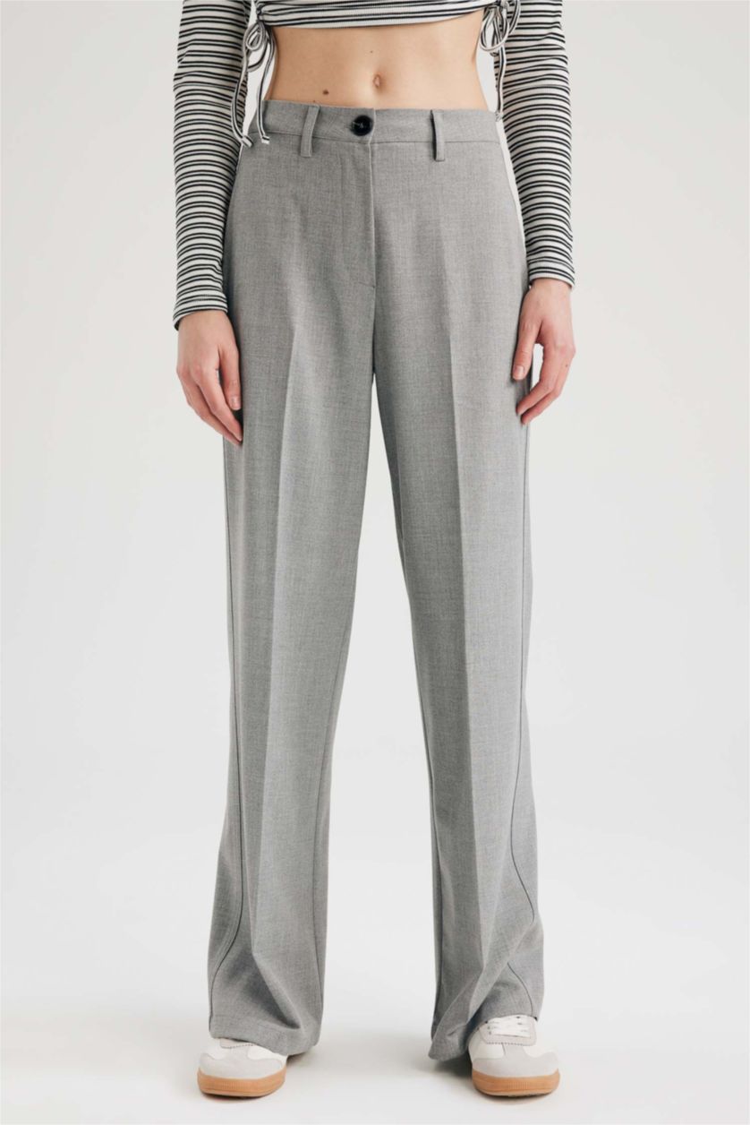 WOMAN Light Grey Melange Wide Leg Normal Waist Trousers