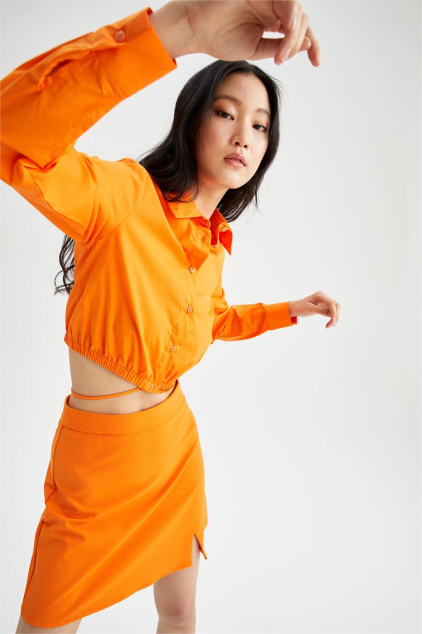 Женщины Оранжевый Рубашка из 100% хлопка с длинным рукавом