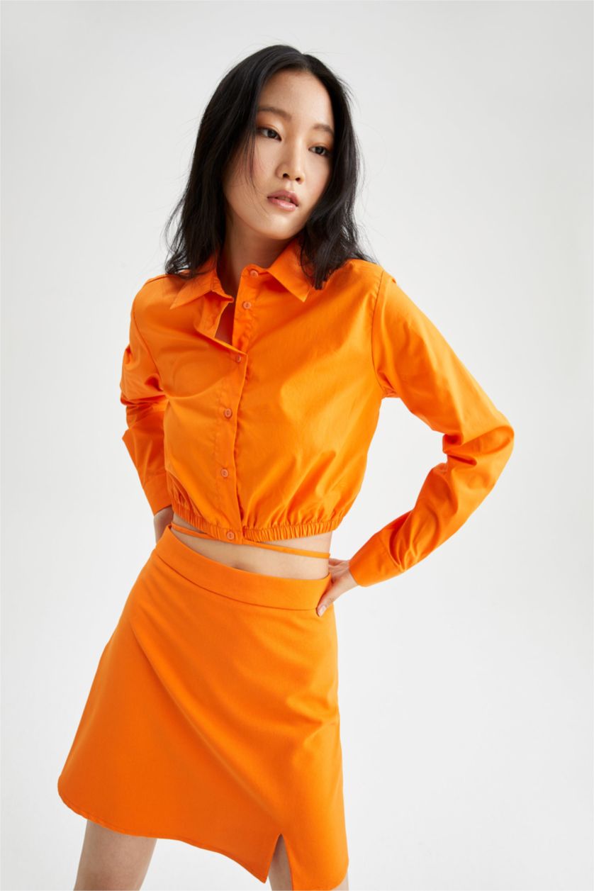 Женщины Оранжевый Рубашка из 100% хлопка с длинным рукавом