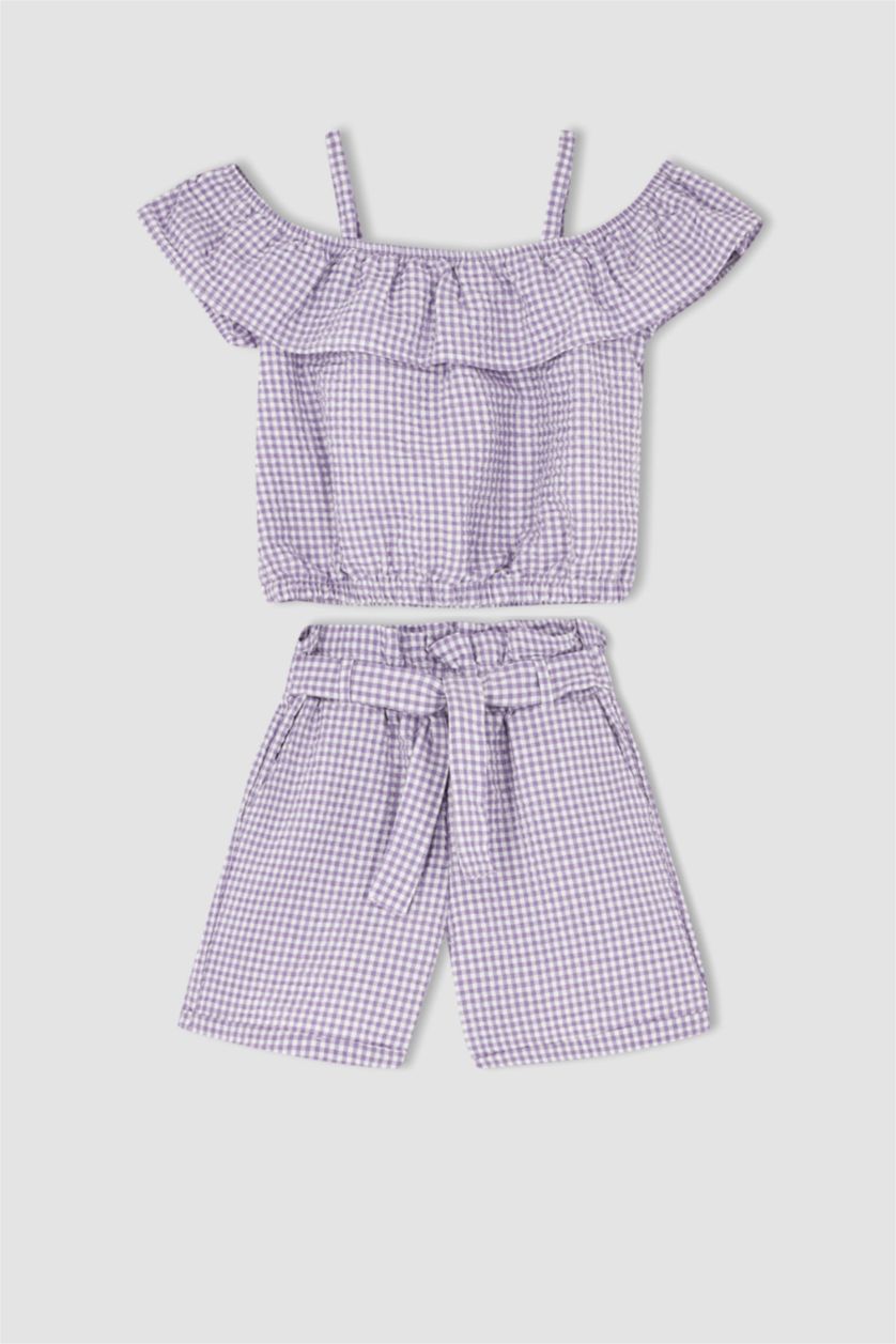 Girls & Teens Light Lilac Girl Regular Fit Gingham Strap Blouse Shorts Set