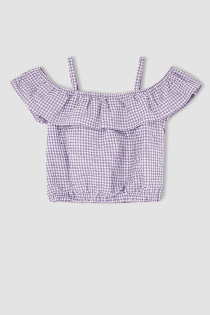 Girls & Teens Light Lilac Girl Regular Fit Gingham Strap Blouse Shorts Set