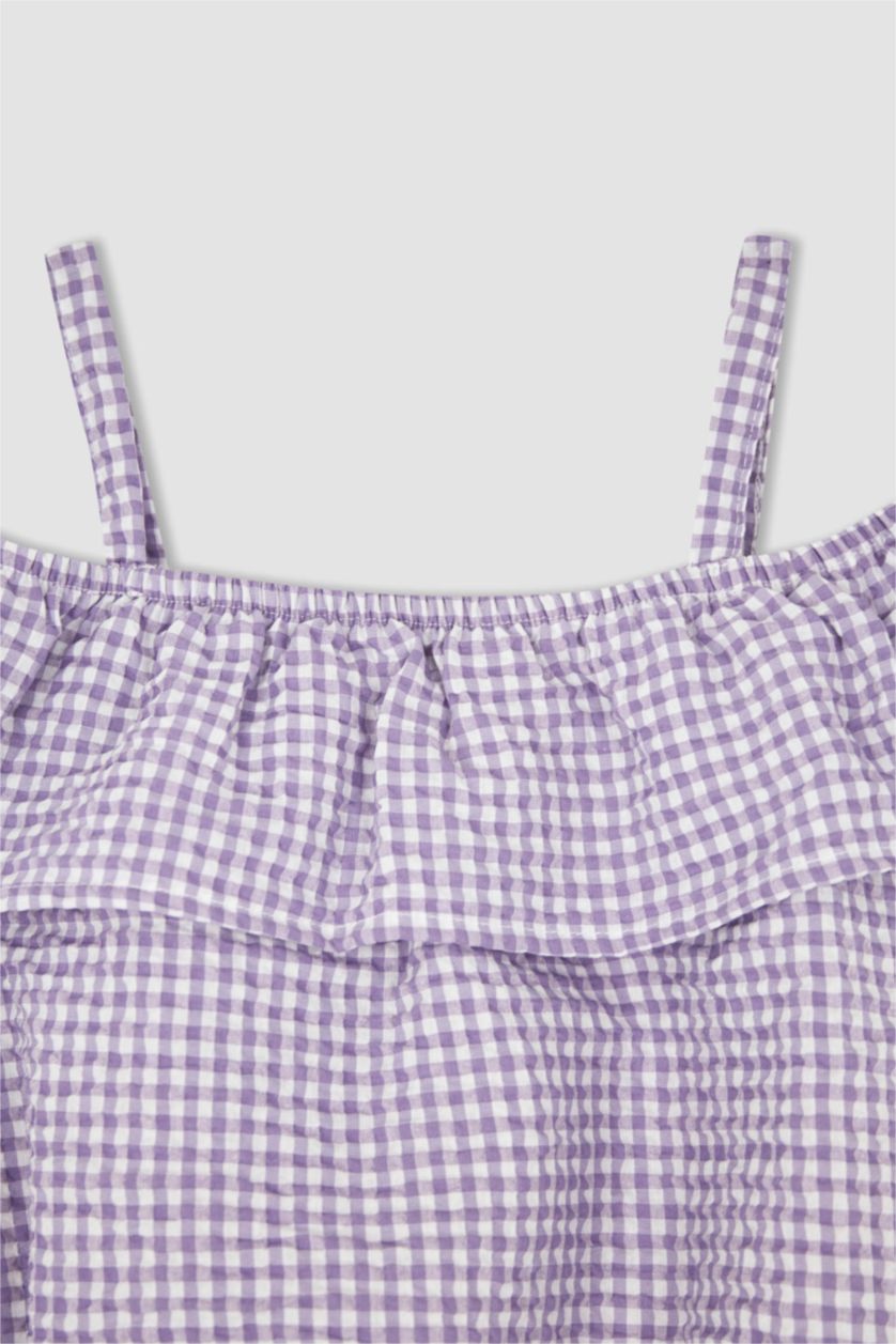 Girls & Teens Light Lilac Girl Regular Fit Gingham Strap Blouse Shorts Set