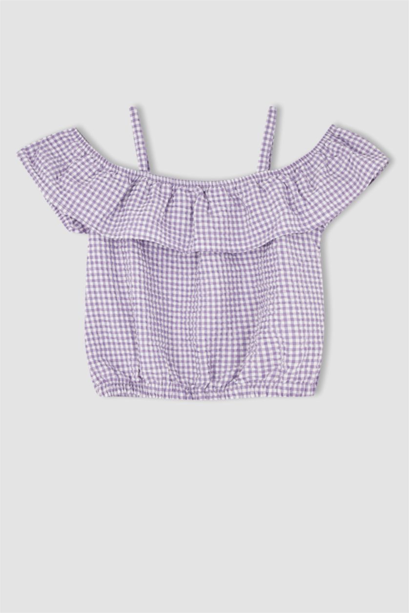 Girls & Teens Light Lilac Girl Regular Fit Gingham Strap Blouse Shorts Set