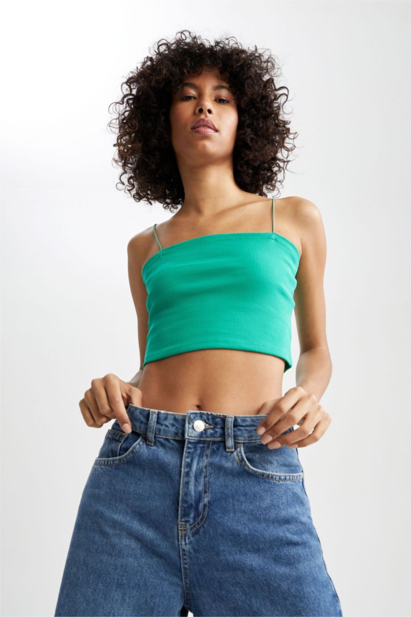 Женщины Зеленый Кроп топ приталенного кроя с квадратным вырезом