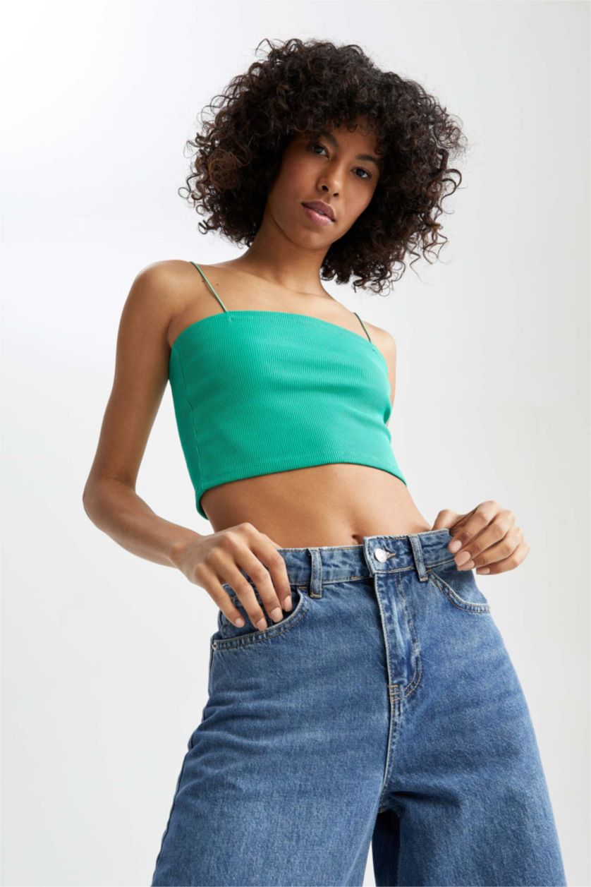 Женщины Зеленый Кроп топ приталенного кроя с квадратным вырезом
