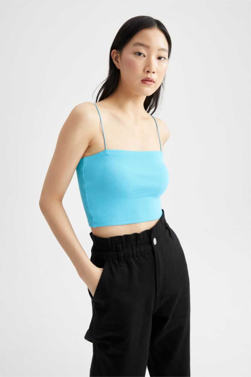 FEMME Turquoise Débardeur côtelé coupe slim à col carré et bretelles