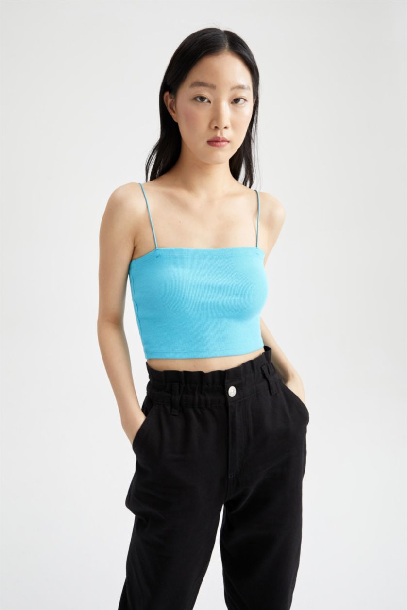 FEMME Turquoise Débardeur côtelé coupe slim à col carré et bretelles