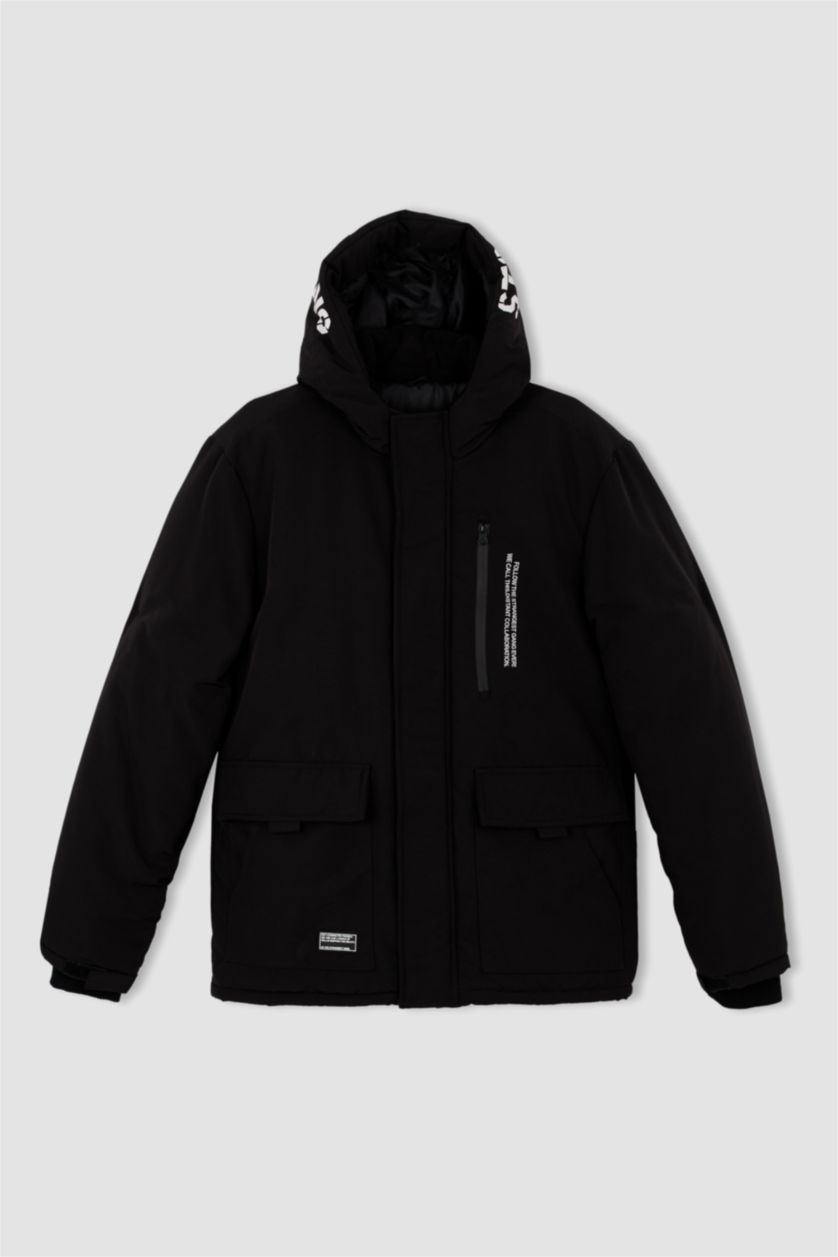 رجال أسود قمصلة نفخ قصة عادية بغطاء للرأس