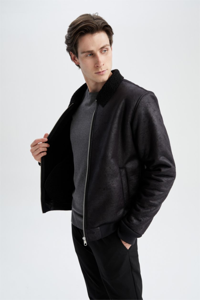 Erkek Siyah Isı Yalıtımlı Rüzgar Geçirmez Süet Mont