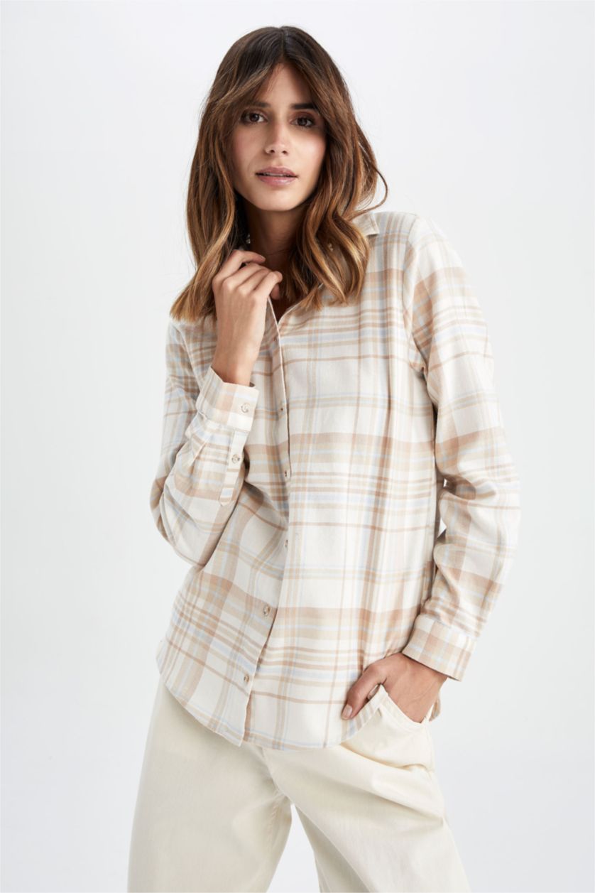 WOMAN Beige Regular Fit Shirt Collar Flannel Cotton Shirt