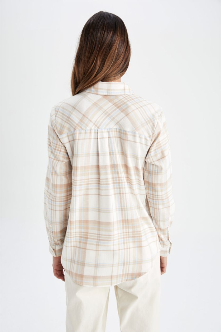 WOMAN Beige Regular Fit Shirt Collar Flannel Cotton Shirt