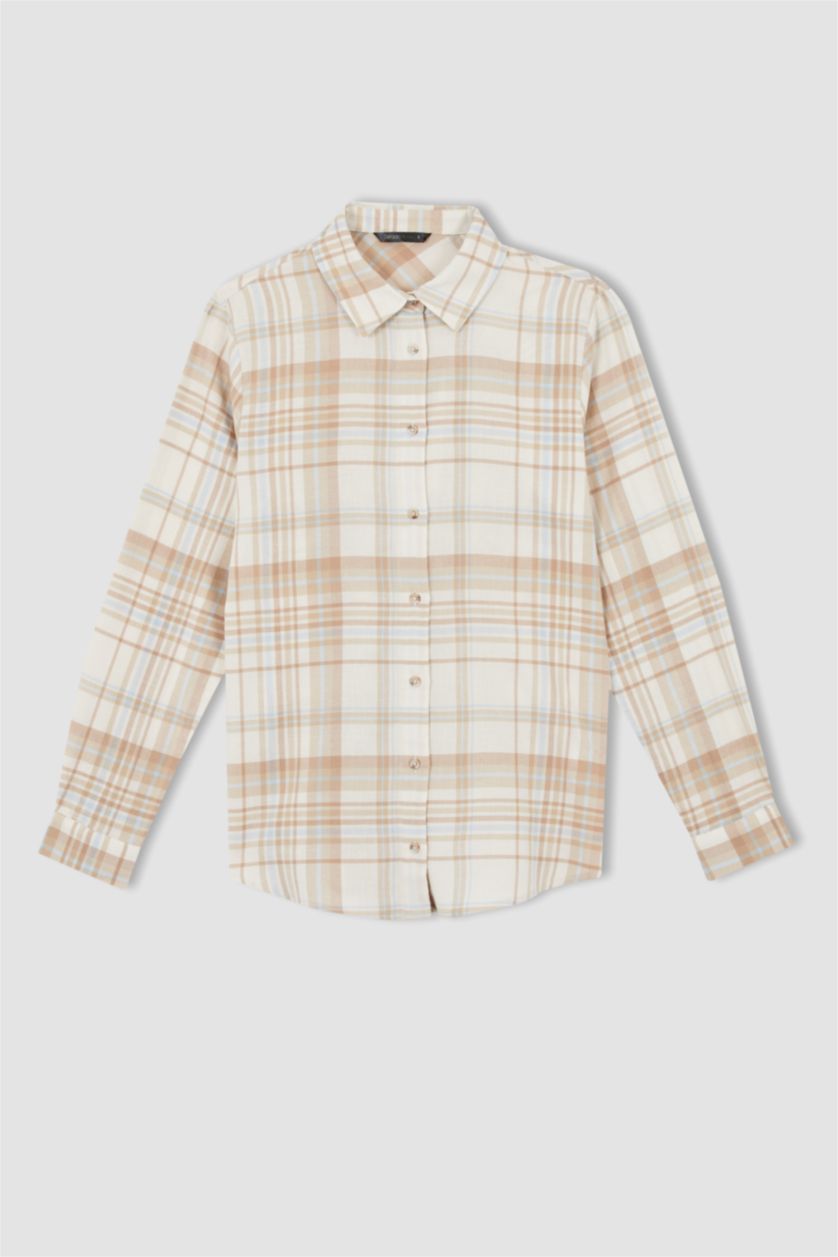 WOMAN Beige Regular Fit Shirt Collar Flannel Cotton Shirt