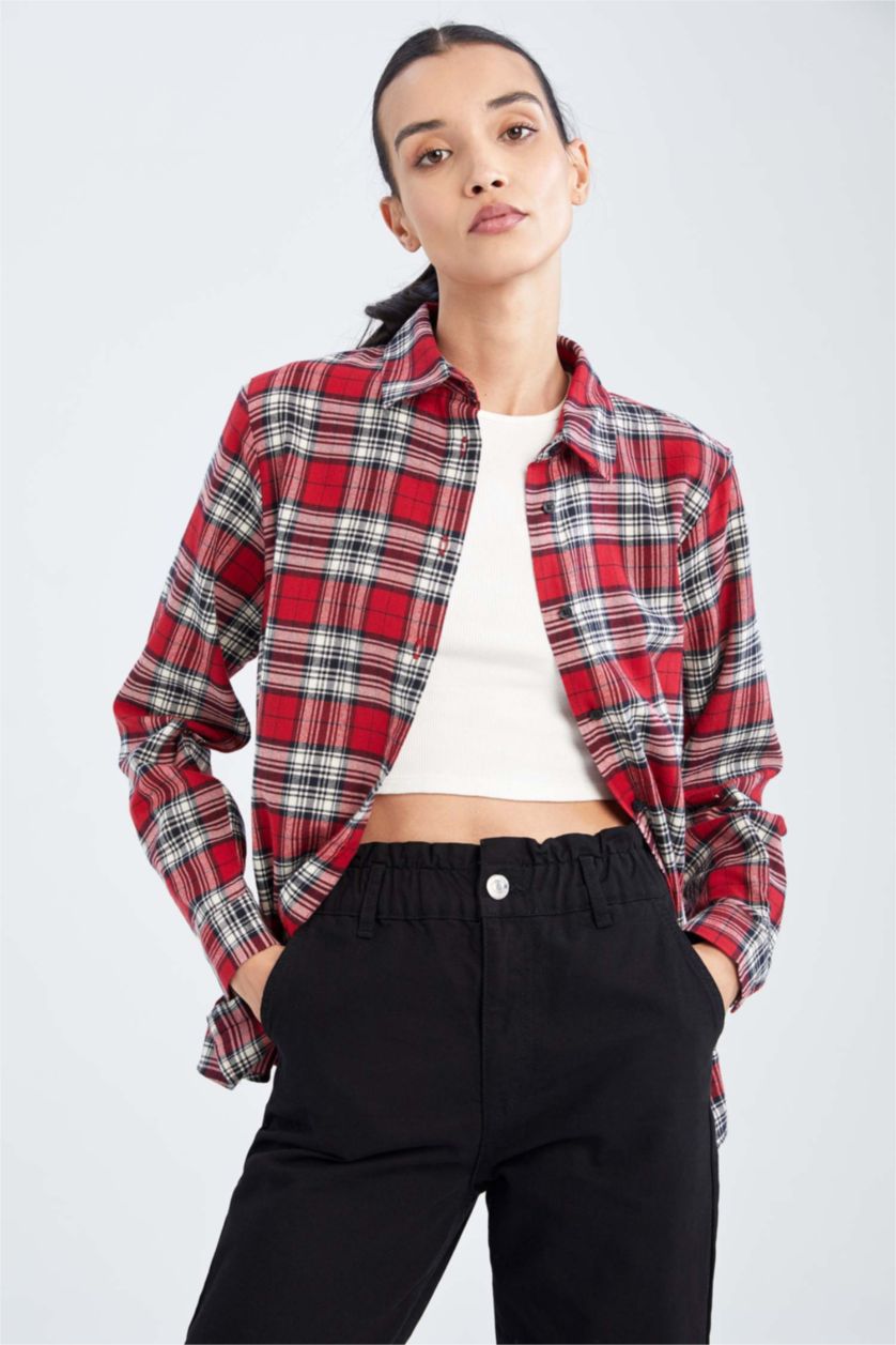 نساء أحمر Regular Fit Flanel Long Sleeve Shirt