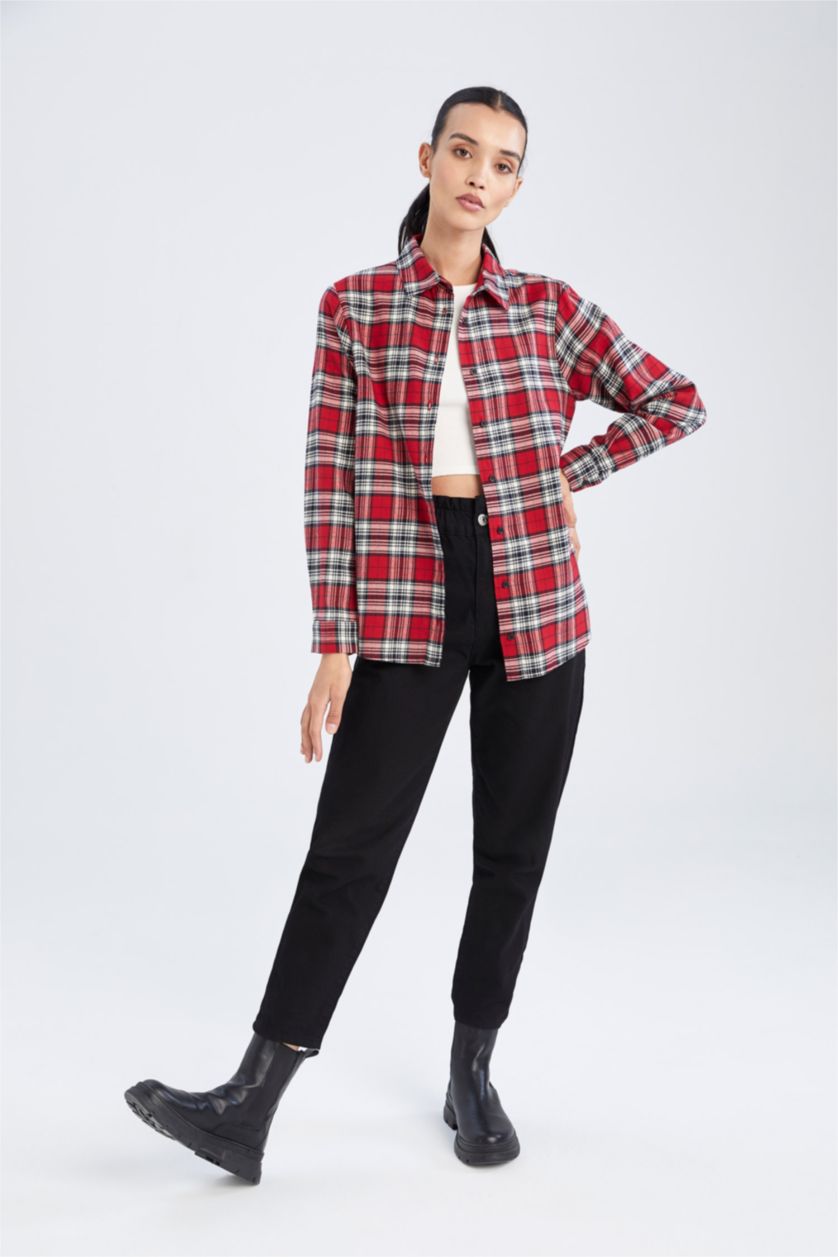 نساء أحمر Regular Fit Flanel Long Sleeve Shirt