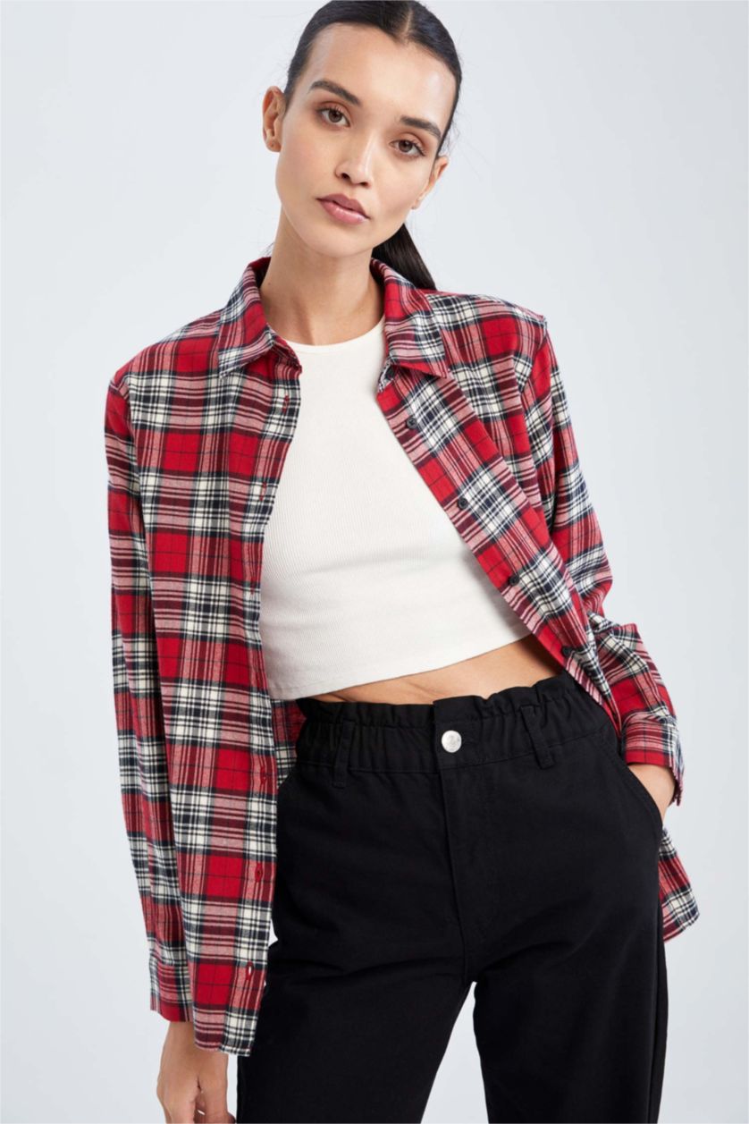نساء أحمر Regular Fit Flanel Long Sleeve Shirt