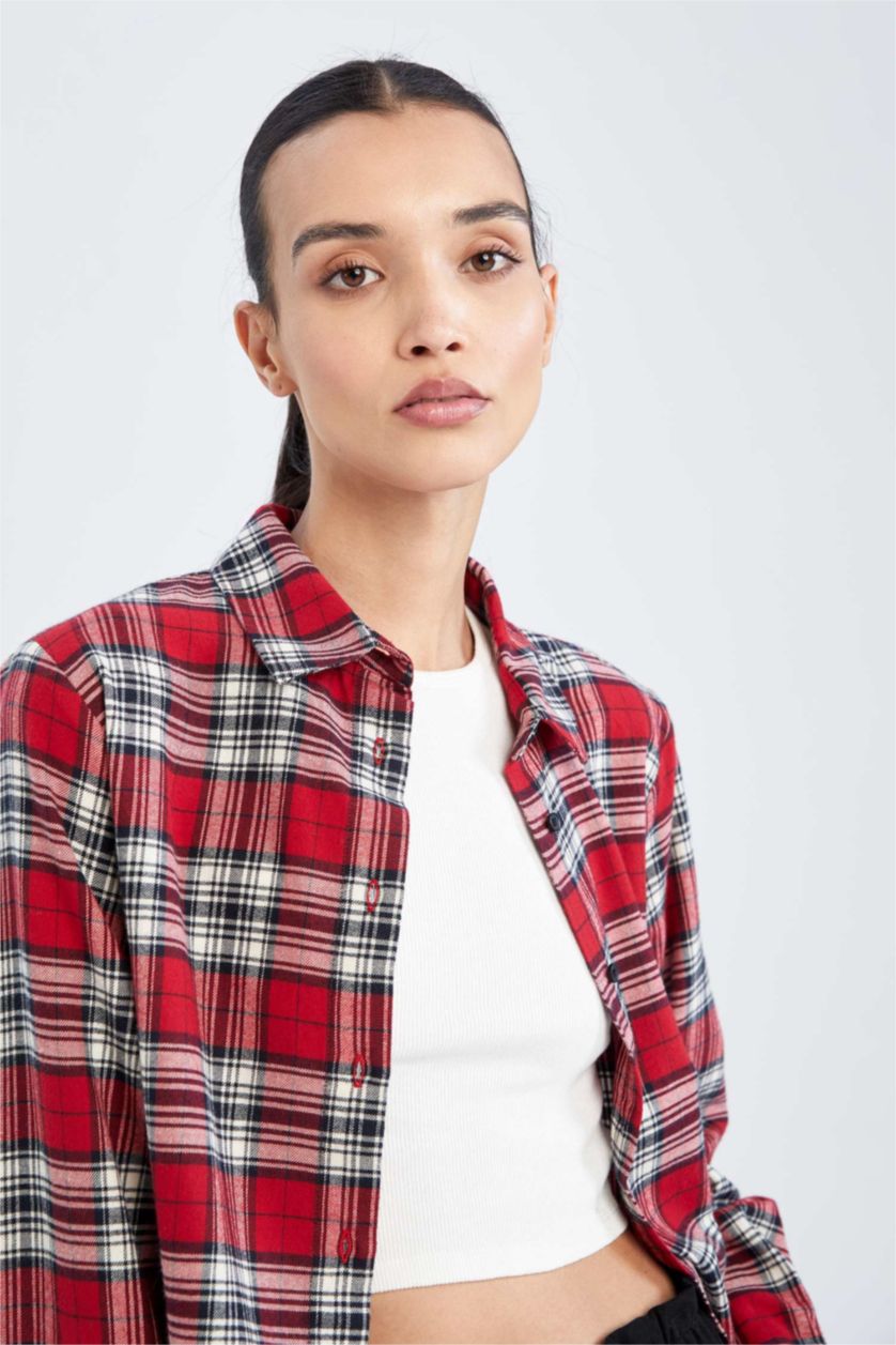 نساء أحمر Regular Fit Flanel Long Sleeve Shirt