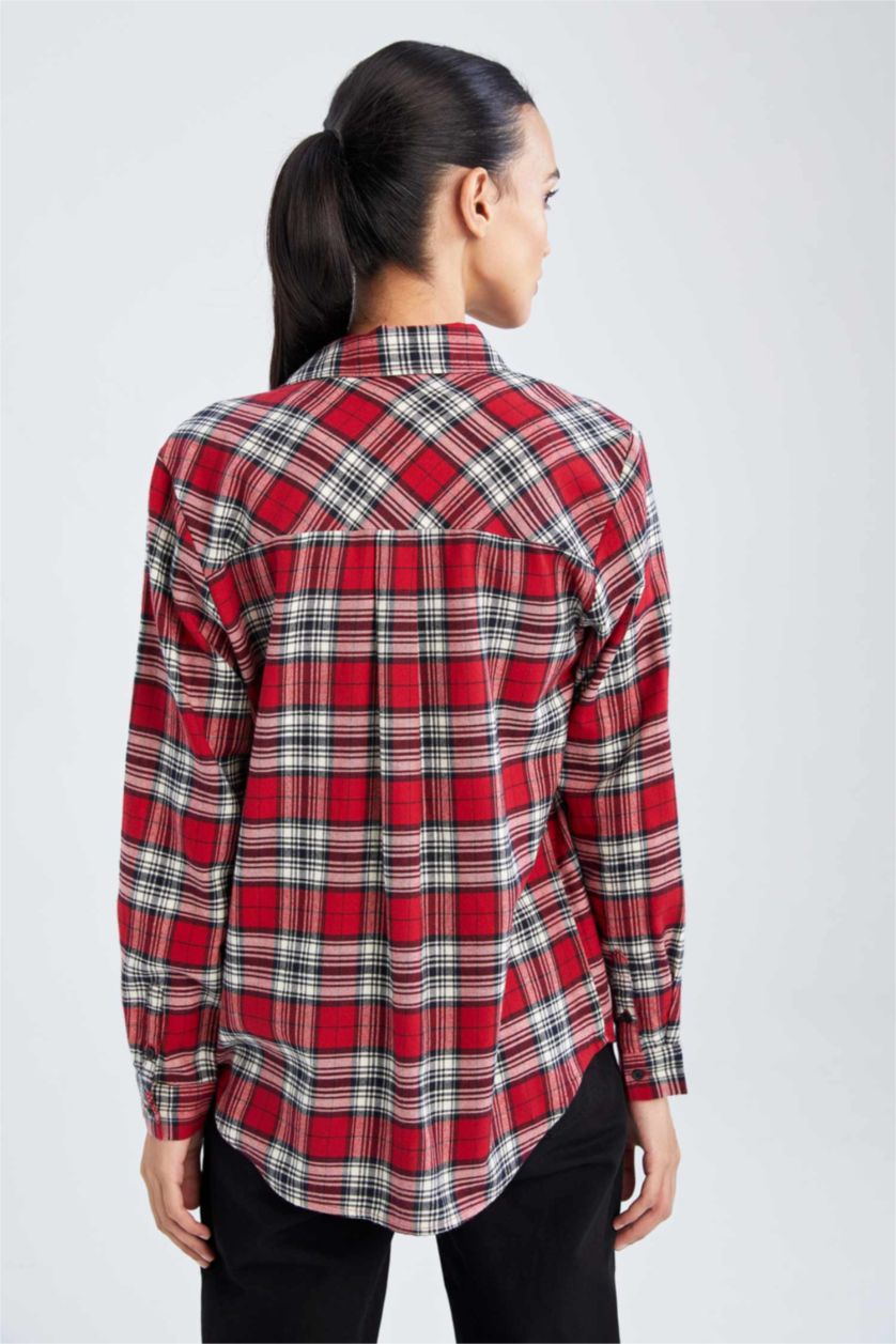 نساء أحمر Regular Fit Flanel Long Sleeve Shirt