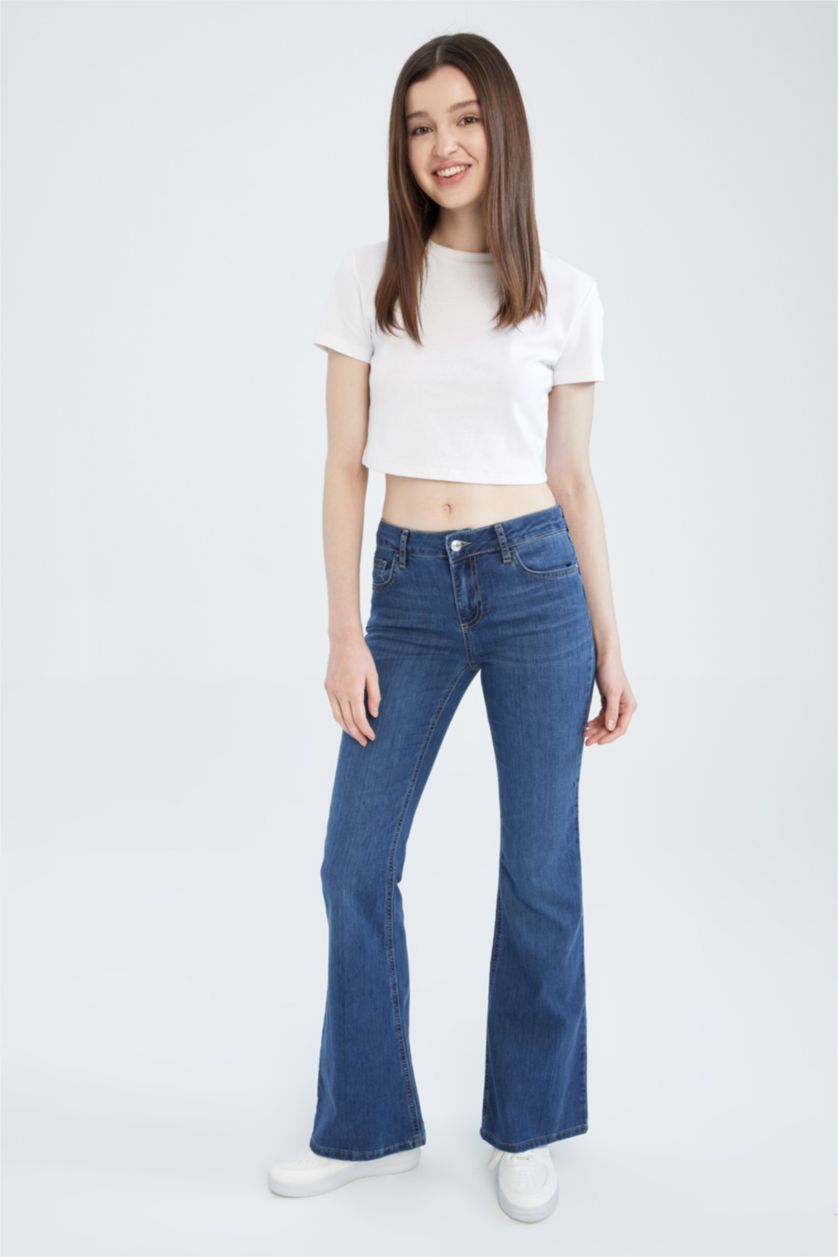 Kadın Mavi İspanyol Paça Düşük Bel Jean Pantolon