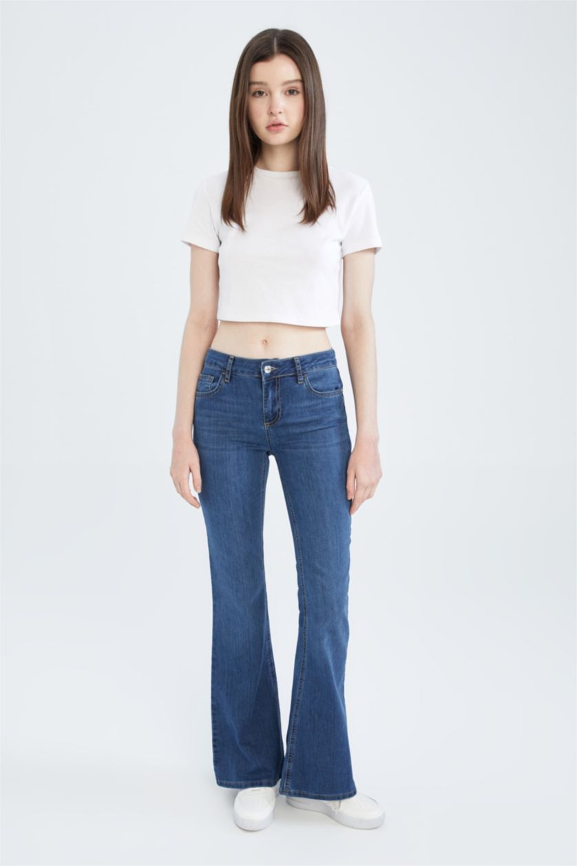 Kadın Mavi İspanyol Paça Düşük Bel Jean Pantolon