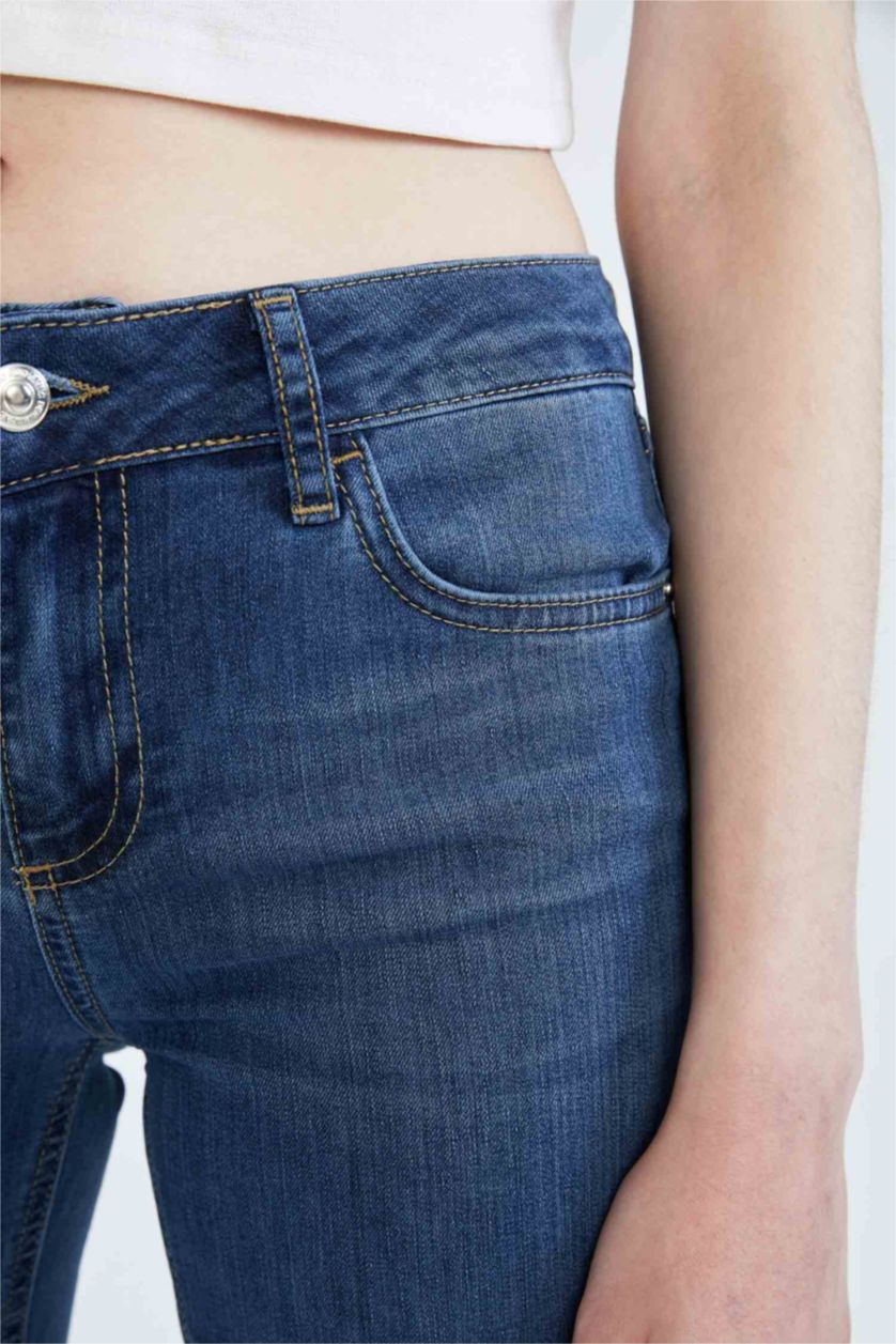 Kadın Mavi İspanyol Paça Düşük Bel Jean Pantolon