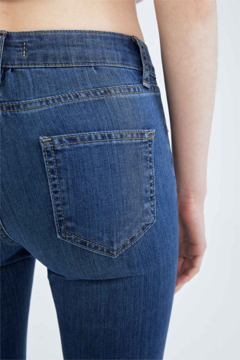 Kadın Mavi İspanyol Paça Düşük Bel Jean Pantolon