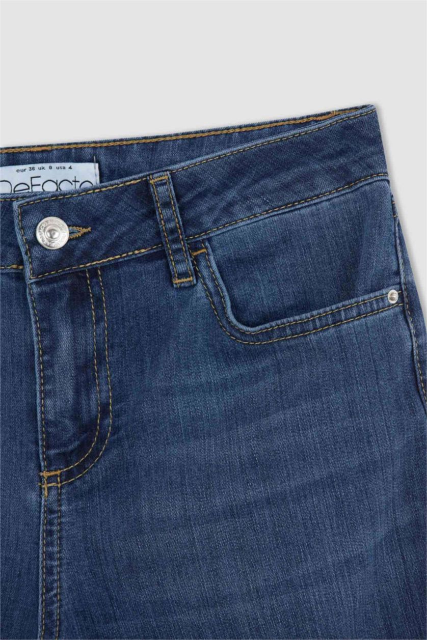 Kadın Mavi İspanyol Paça Düşük Bel Jean Pantolon