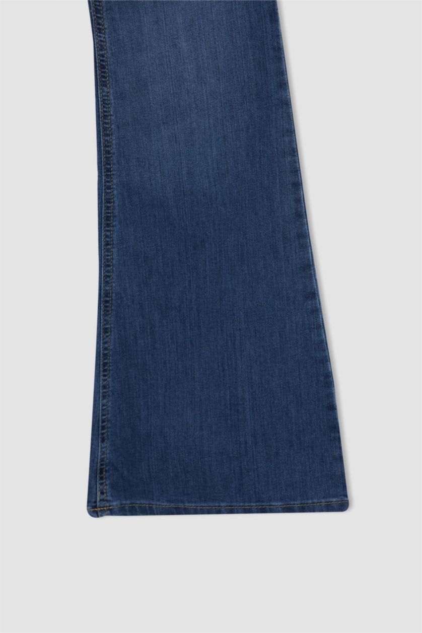 Kadın Mavi İspanyol Paça Düşük Bel Jean Pantolon