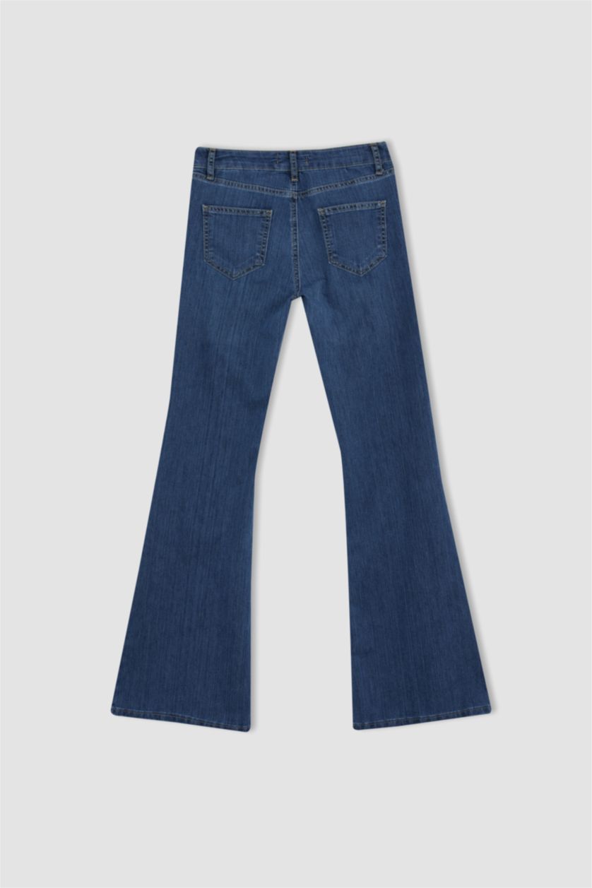 Kadın Mavi İspanyol Paça Düşük Bel Jean Pantolon