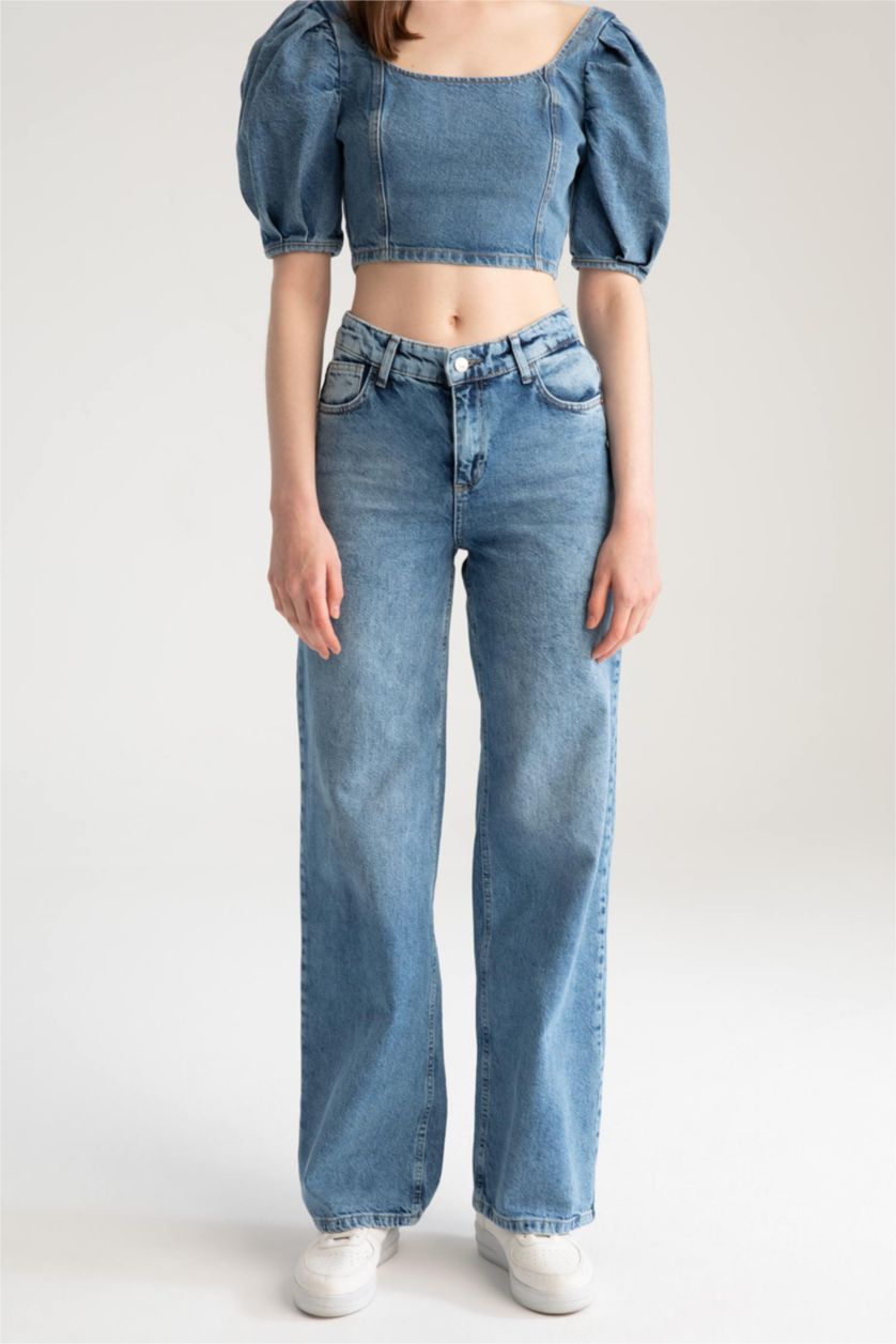 Kadın Mavi Düşük Bel Wıde Leg Pantolon