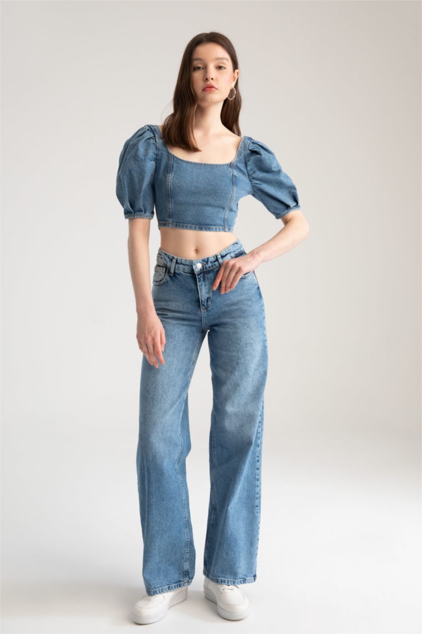 Kadın Mavi Düşük Bel Wıde Leg Pantolon