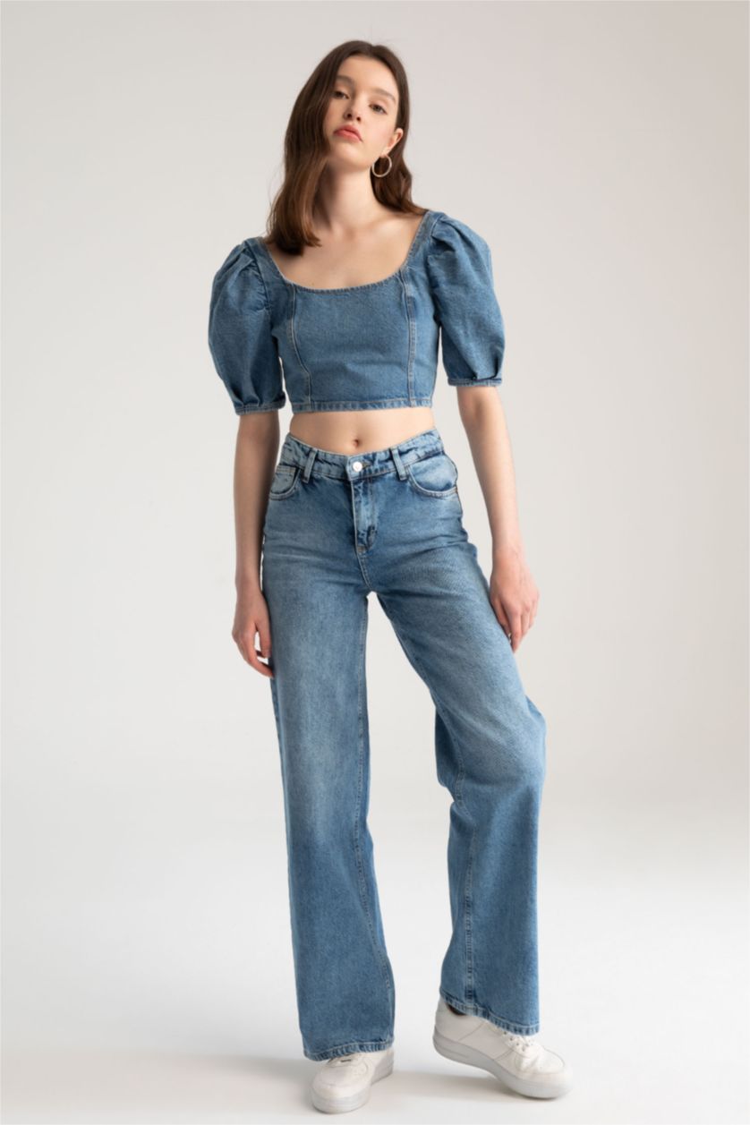 Kadın Mavi Düşük Bel Wıde Leg Pantolon