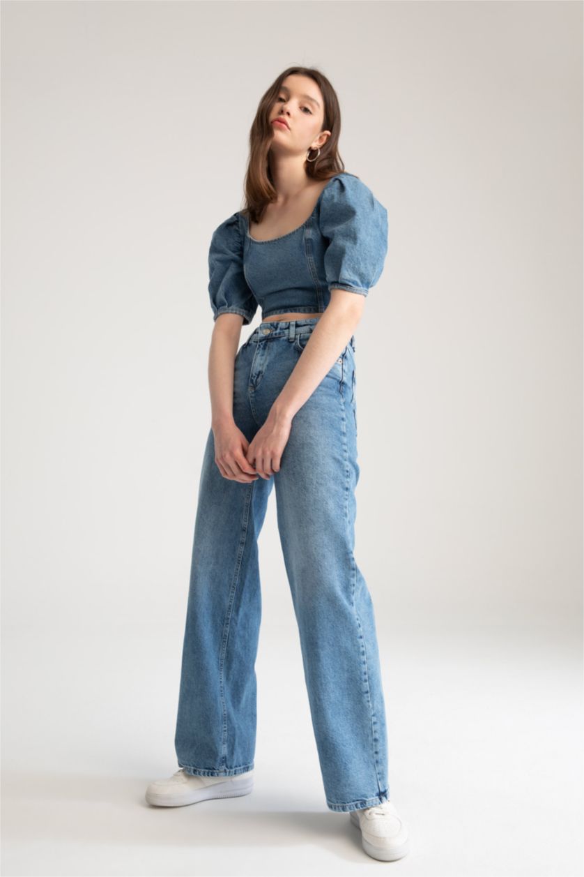 Kadın Mavi Düşük Bel Wıde Leg Pantolon