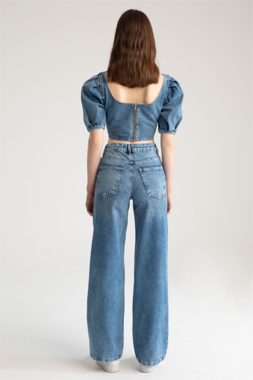 Kadın Mavi Düşük Bel Wıde Leg Pantolon