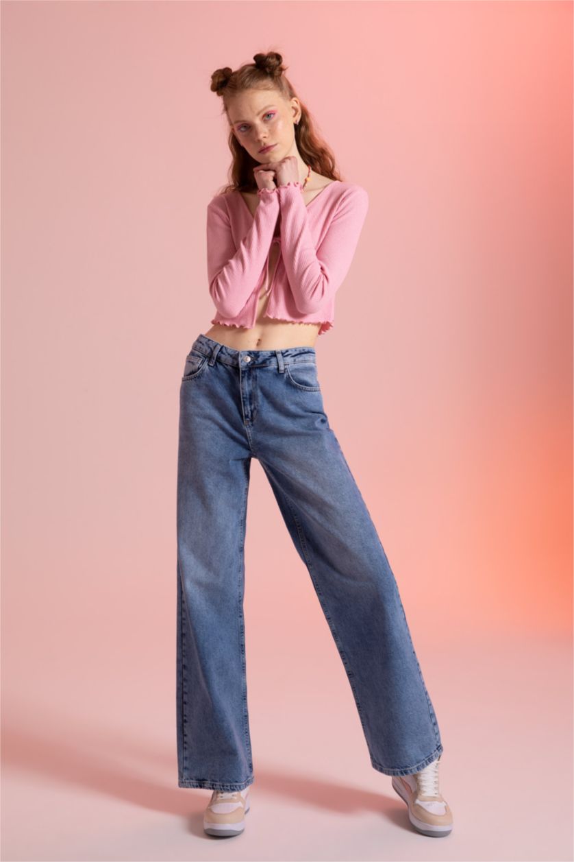 Kadın Mavi Düşük Bel Wıde Leg Pantolon