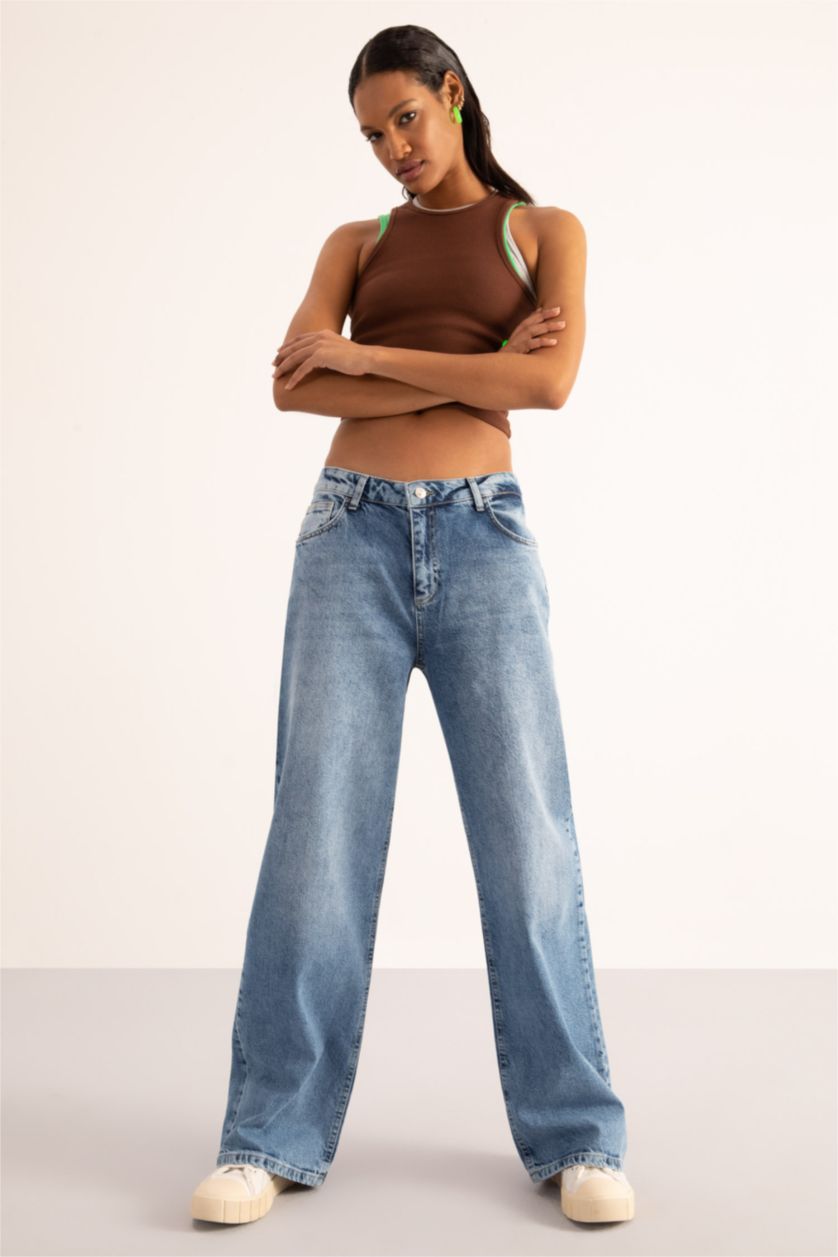 Kadın Mavi Düşük Bel Wıde Leg Pantolon