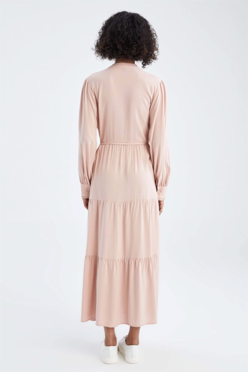 FEMME Bordeaux Robe longue en viscose boutonnée à col rond coupe classique