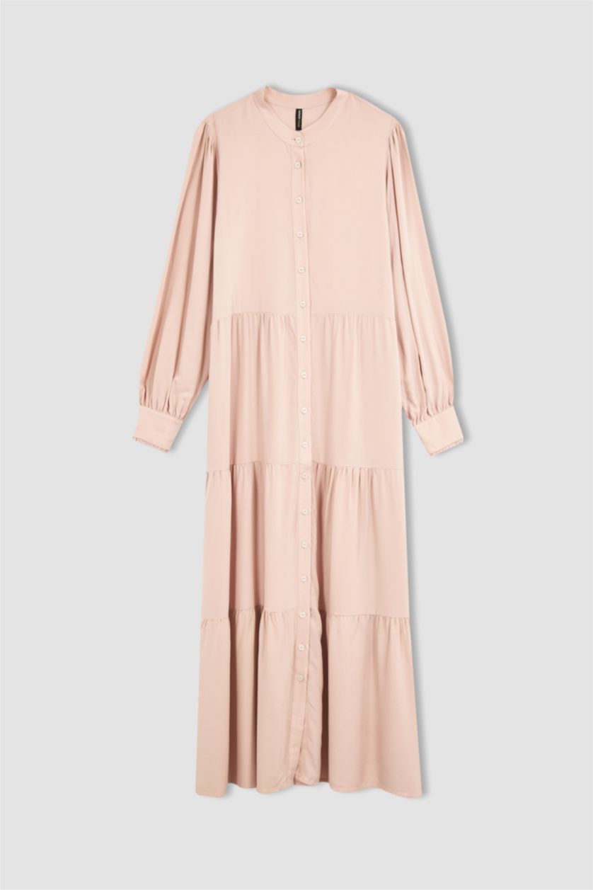 FEMME Bordeaux Robe longue en viscose boutonnée à col rond coupe classique